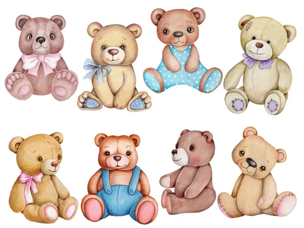 Set collection clipart of cute cartoon animals - teddy bears, toy stuffed plush bears. Watercolor hand drawn isolated illustrations for childtren. Hand drawn.