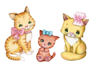 Şirin kedi yavrusunun el çizimi suluboya çizimi. Beyaz arkaplanda izole. 