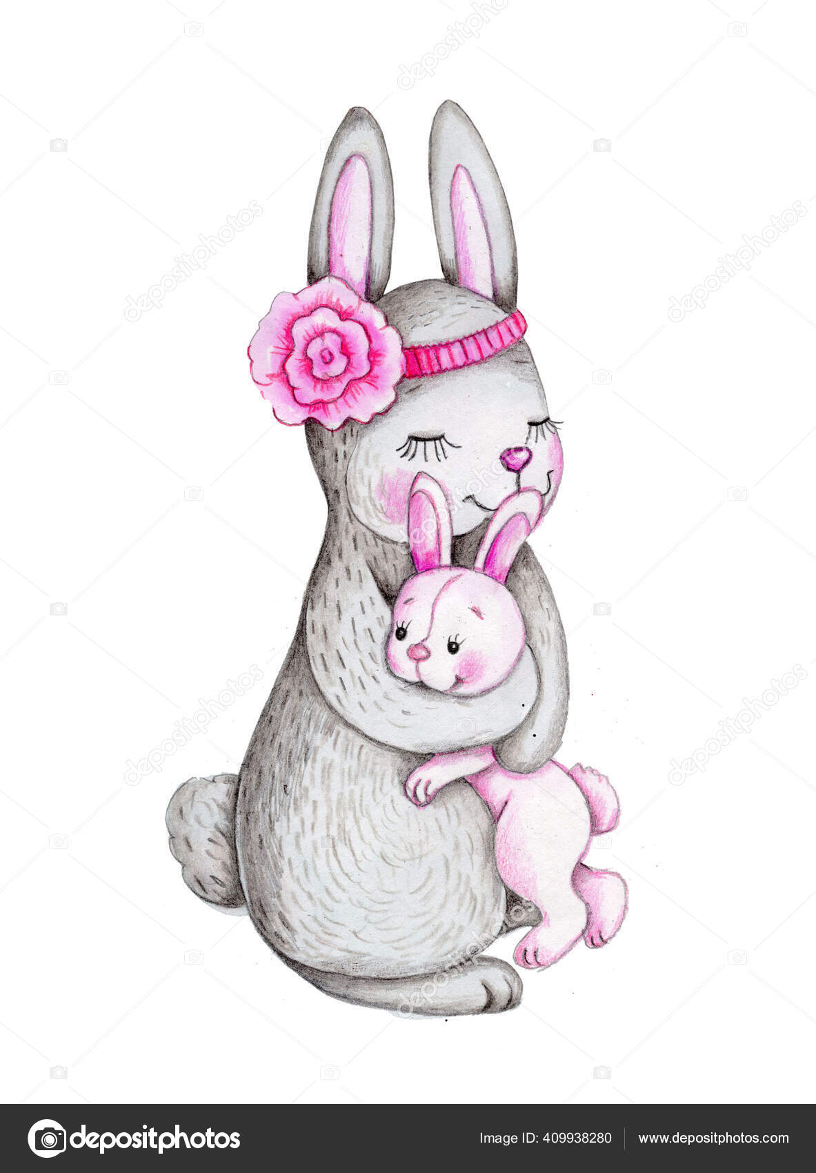 Watercolor Illustration Cute Red Cartoon Bunny Rabbit Hare Mummy Mom Stock  Photo by ©lehaim_lena65@ 409938280