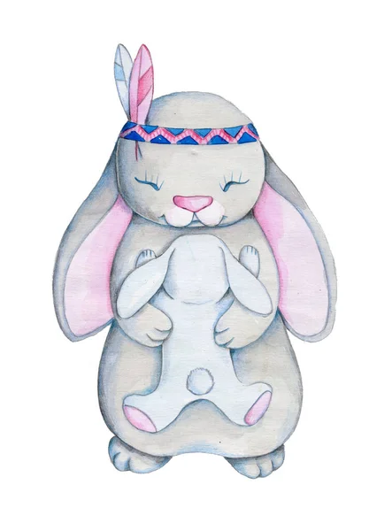 かわいい赤い漫画ウサギウサギウサギのウサギのミイラの母親の水彩画のイラストは 赤ちゃんと 座っている 子供のための手描きイラスト — ストック写真