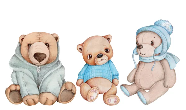 Tři Medvídci Teplých Šatech Podzimní Styl Akvarel Ilustrace Pro Děti — Stock fotografie