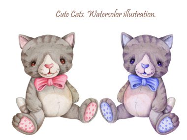 Şirin kedi yavrusunun el çizimi suluboya çizimi. Beyaz arkaplanda izole. 