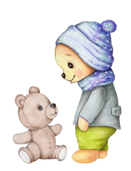 Χαριτωμένο Καρτούν Μικρά Αρκουδάκια Βελούδινα Γεμιστά Παιχνίδια Μπλε Καπέλο Ζεστά — Φωτογραφία Αρχείου