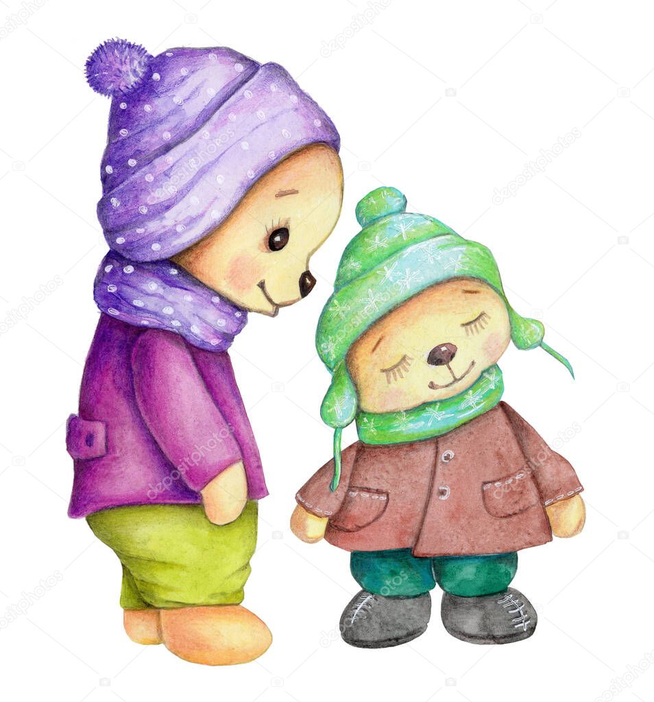 Cute cartoon little teddy bears, plush stuffed toy, in green and violet caps, warm clothes, autumn style.
