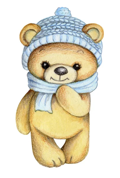 Lindo Oso Peluche Divertido Dibujos Animados Estilo Invierno Acuarela Ilustración — Foto de Stock