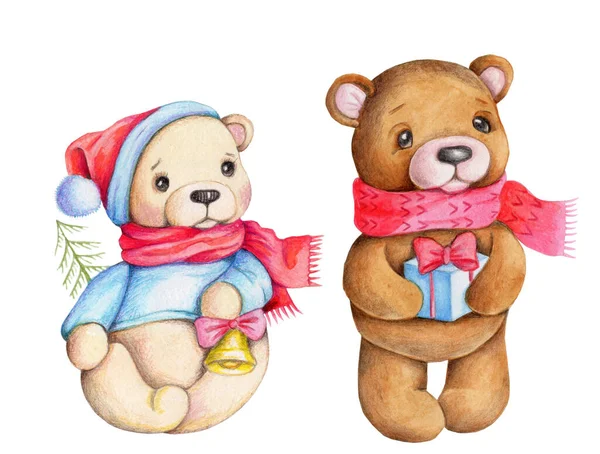 Kerst Nieuwjaar Teddyberen Met Rode Pet Sjaal Aquarel Illustratie Voor — Stockfoto