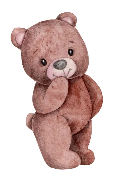 Mignonne Illustration Aquarelle Doux Petit Ours Peluche Brun Dessiné Main — Photo