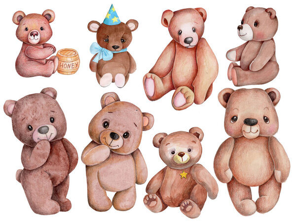 Симпатичная акварельная иллюстрация сладких маленьких бурых плюшевых мишек. Ручной рисунок, выделенный на белом фоне. 