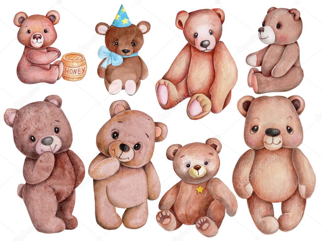 Cute watercolor illustration of sweet little brown teddy bears. Hand drawn, isolated on white background. 