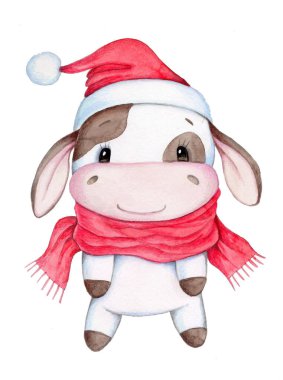 Suluboya el çizimi kesilmiş inek, boğa - Yeni Yıl 2021 'in sembolü, tebrik kartı, poster, ikon. Beyaz arkaplanda izole.