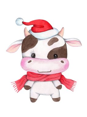 Suluboya el çizimi kesilmiş inek, boğa - Yeni Yıl 2021 'in sembolü, tebrik kartı, poster, ikon. Beyaz arkaplanda izole.