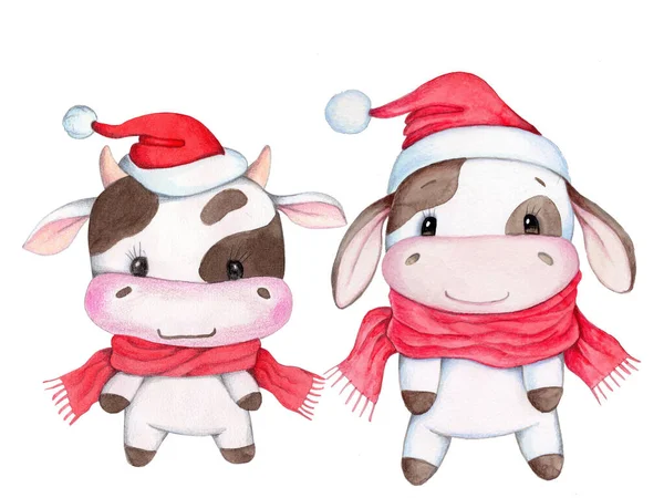 Akvarel Ručně Kreslené Ilustrace Řezané Kreslené Krávy Býk Symbol Nového — Stock fotografie