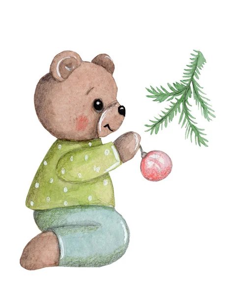 Nyår Och Jul Illustration Söta Tecknade Nalle Akvarell Handritad Konst — Stockfoto