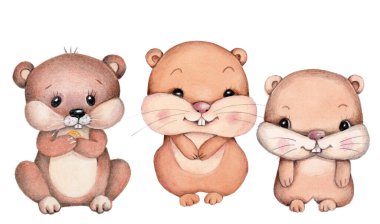 Tatlı çizgi film hamsterı, dağ sıçanı, vahşi doğa hayvanı. Suluboya resimleme, çocuklar için simge, izole edilmiş.