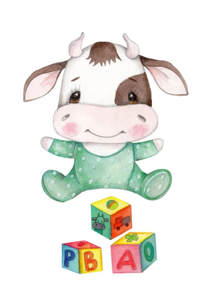 Cute cartoon little cow - symbol of New Year 2021. Watercolor hand drawn art. Illustration for children.