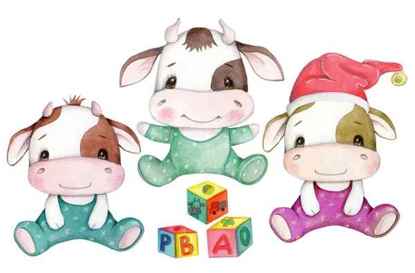 Cute cartoon little cow, bull - symbol of New Year 2021. Watercolor hand drawn art. Illustration for children. set of three illustrations.