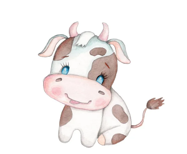 可爱的卡通小牛小牛小牛 农场宠物 2021年新年的象征 水彩画草图 被隔离了 — 图库照片