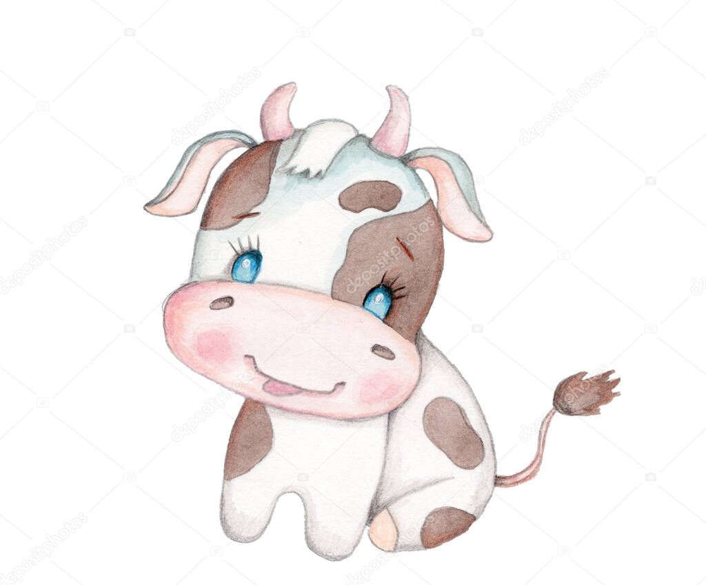Cute cartoon adorable little cow bull calf, farm pet, symbol of New Year 2021. Watercolor hand drawn sketch, illustration, icon. Isolated.