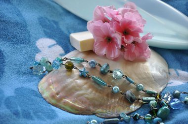 Deniz kabuğu, sabun ve boncuk, spa kompozisyon ile çiçekler.