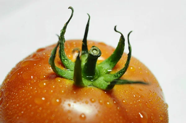 Vista Cortada Gotas Água Tomate — Fotografia de Stock