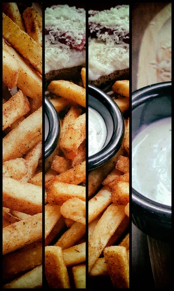 Collage Trä Tallrik Med Pommes Frites Majonnäs Cheesy Smörgås Med — Stockfoto