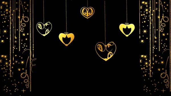 Valentines Day Card Gold Hearts Anf Garlands Black — Stock Photo, Image