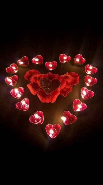 Burning Heart Candles Black Background — Stock Photo, Image