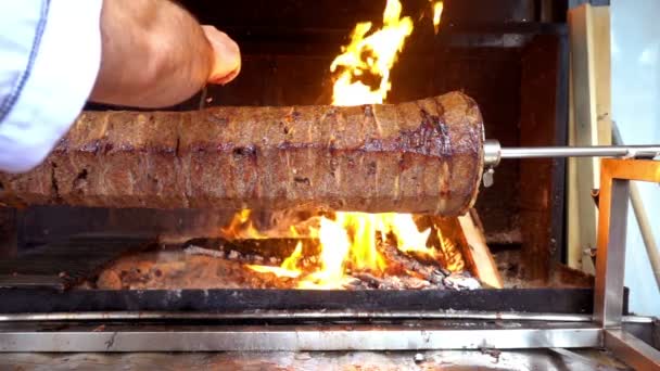 Doner Kebap Cag Kebap Traditionele Oosten Voedsel — Stockvideo