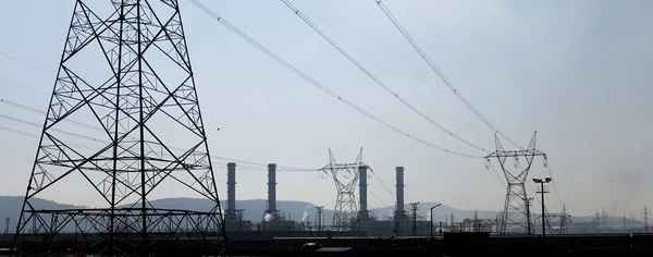 Electricity Transmission Power Lines Industrial Chimneys — Stock Photo, Image