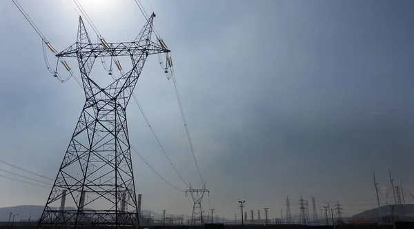 Electricity Transmission Power Lines Industrial Chimneys — Stock Photo, Image