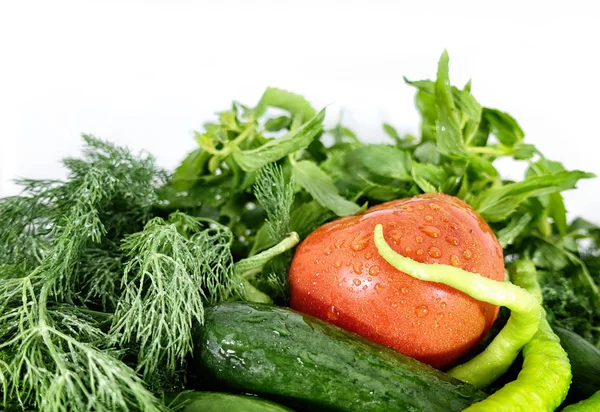 Färska Grönsaker Tomater Paprika Gurkor Och Dill — Stockfoto