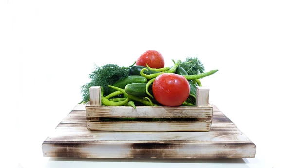 Wooden Crate Fresh Vegetables Tomatoes Peppers Cucumbers Dill — Stock Photo, Image