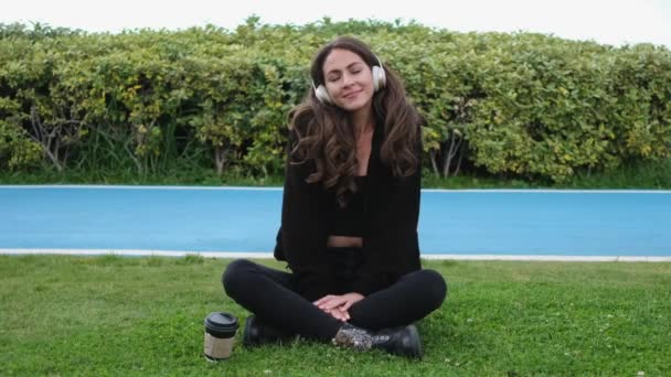 Hermosa Joven Escuchando Música Divirtiéndose Relajándose Aire Libre — Vídeo de stock