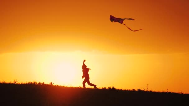 Silueta de niña pequeña lanzando cometa, corriendo en el prado al atardecer dorado — Vídeo de stock