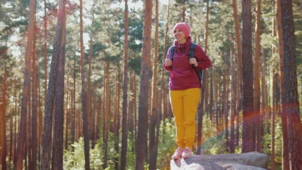 Женщина турист, стоящая в сосновом лесу, наслаждается природой в летнем лесу и улыбается — стоковое видео