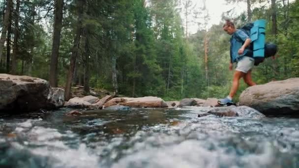 Kobieta turysta z plecakiem przeprawy strumień w lesie, podróż koncepcja przygody — Wideo stockowe