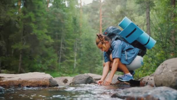 女性旅行者は夏の森の中で川からきれいな水を飲むハイキング中 — ストック動画