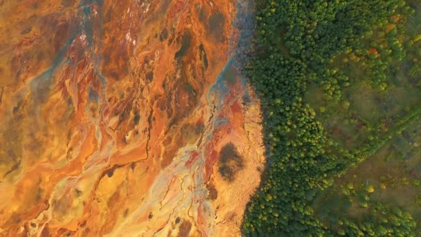 Lago tóxico naranja sin vida cerca de la planta industrial forestal contamina el suelo y el bosque — Vídeos de Stock