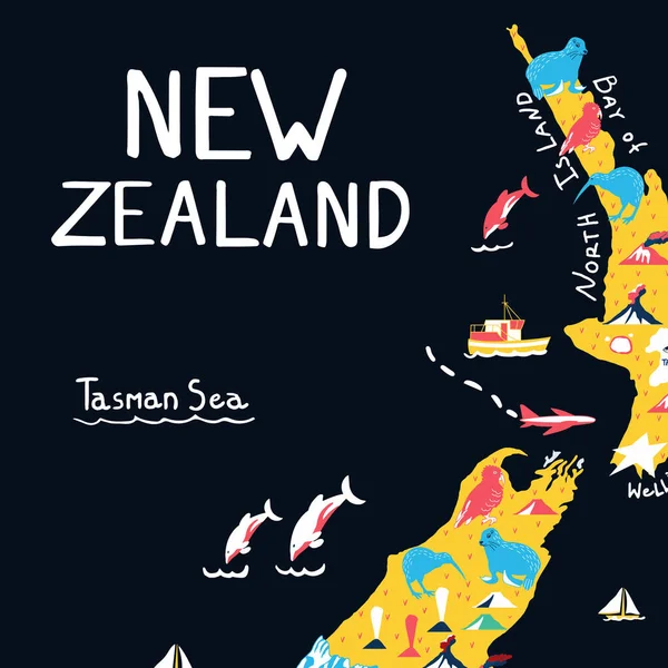 Hand drawn New Zealand illustrated hand drawn map. — Stock Vector