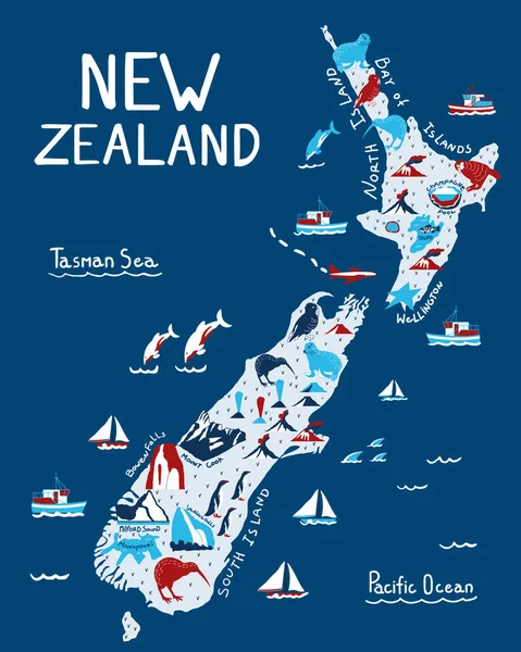 Hand drawn New Zealand illustrated hand drawn map. — Stock Vector