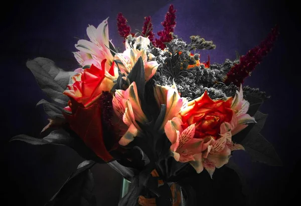 Kytice Květin Tmavém Pozadí Soustrast — Stock fotografie