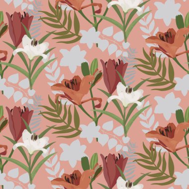 Yapraklı ve çiçekli vektör desensiz arkaplan.