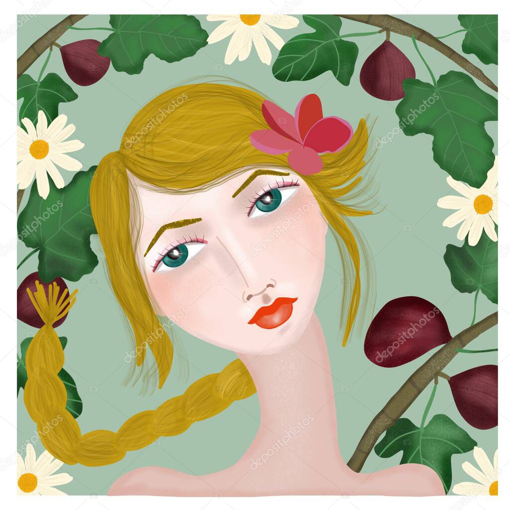 illustration with a girl in a fig tree background.