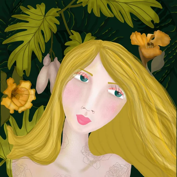 Ilustracja z dziewczyną w tropikalnym tle. — Zdjęcie stockowe