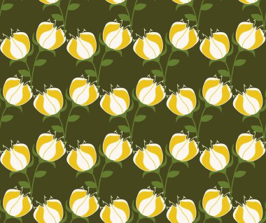 Yeşil arka planda çiçekleri olan kusursuz vektör deseni.