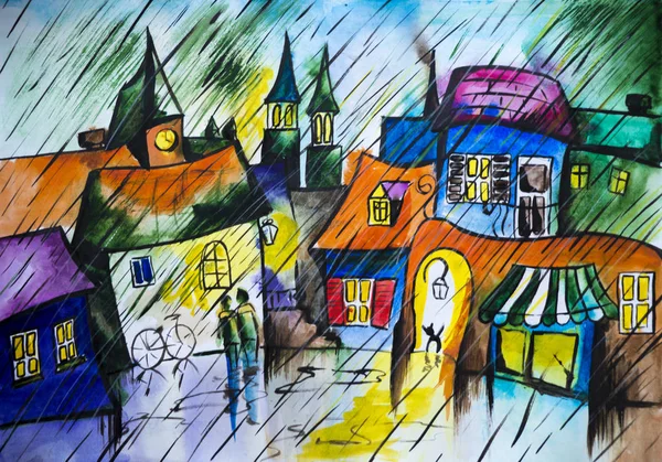 Aquarelle Sur Papier Temps Pluvieux Dans Ville — Photo