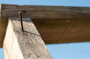 Mavi gökyüzüne karşı ahşap paslı çivi