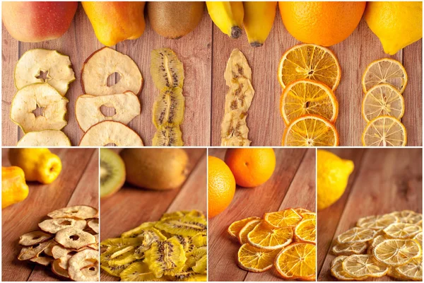 Healthy snack.Homemade dehydrated fruit chips and fresh fruits on wooden background. Collage