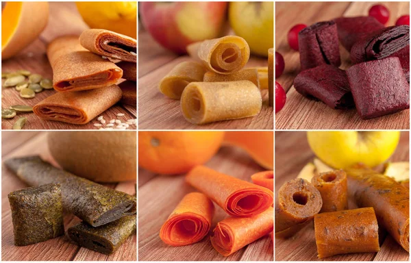 Gesunde snack.hausgemachte dehydrierte Obstchips und frisches Obst auf hölzernem Hintergrund. Collage Stockbild