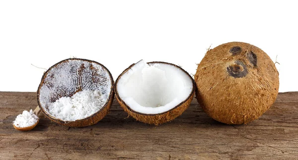 Quebre Cocos Frutas Madeira Isolada Branco — Fotografia de Stock